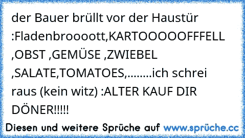 der Bauer brüllt vor der Haustür :
Fladenbroooott,
KARTOOOOOFFFELL ,
OBST ,
GEMÜSE ,
ZWIEBEL ,
SALATE,
TOMATOES,
........
ich schrei raus (kein witz) :
ALTER KAUF DIR DÖNER!!!!!