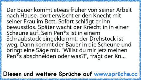 Der Bauer kommt etwas früher von seiner Arbeit nach Hause, dort erwischt er den Knecht mit seiner Frau im Bett. Sofort schlägt er ihn bewusstlos. Später wacht der Knecht in in einer Scheune auf. Sein Pen*s ist in einem Schraubstock eingeklemmt, der Drehstock ist weg. Dann kommt der Bauer in die Scheune und bringt eine Säge mit. "Willst du mir jetz meinen Pen*s abschneiden oder was?!", fragt der...