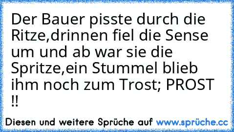 Der Bauer pisste durch die Ritze,
drinnen fiel die Sense um und ab war sie die Spritze,
ein Stummel blieb ihm noch zum Trost; 
PROST !!