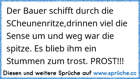 Der Bauer schifft durch die SCheunenritze,drinnen viel die Sense um und weg war die spitze. Es blieb ihm ein Stummen zum trost. PROST!!!