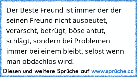 Der Beste Freund ist immer der der seinen Freund nicht ausbeutet, verarscht, betrügt, böse antut, schlägt, sondern bei Problemen immer bei einem bleibt, selbst wenn man obdachlos wird!