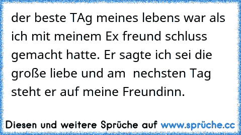 der beste TAg meines lebens war als ich mit meinem Ex freund schluss gemacht hatte. Er sagte ich sei die große liebe und am  nechsten Tag steht er auf meine Freundinn.