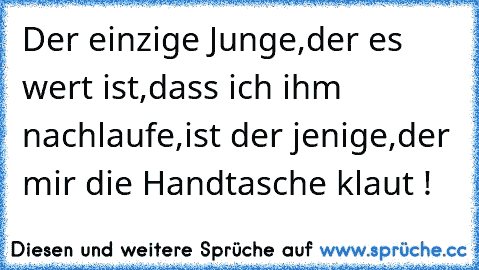 Der einzige Junge,
der es wert ist,dass ich ihm nachlaufe,
ist der jenige,der mir die Handtasche klaut !