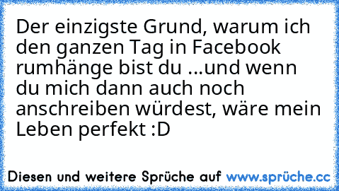 Der einzigste Grund, warum ich den ganzen Tag in Facebook rumhänge bist du ♥
...und wenn du mich dann auch noch anschreiben würdest, wäre mein Leben perfekt :D