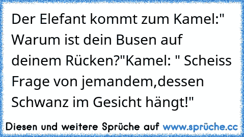 Der Elefant kommt zum Kamel:
" Warum ist dein Busen auf deinem Rücken?"
Kamel: " Scheiss Frage von jemandem,
dessen Schwanz im Gesicht hängt!"