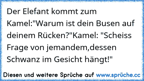 Der Elefant kommt zum Kamel:
"Warum ist dein Busen auf deinem Rücken?"
Kamel: "Scheiss Frage von jemandem,
dessen Schwanz im Gesicht hängt!"