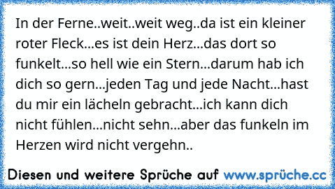 In der Ferne..weit..weit weg..da ist ein kleiner roter Fleck...es ist dein Herz...das dort so funkelt...so hell wie ein Stern...darum hab ich dich so gern...jeden Tag und jede Nacht...hast du mir ein lächeln gebracht...ich kann dich nicht fühlen...nicht sehn...aber das funkeln im Herzen wird nicht vergehn.. ♥