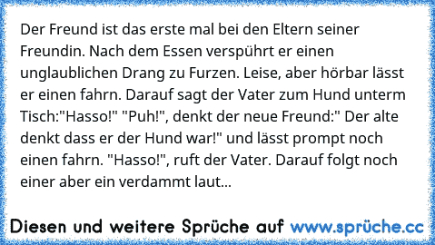 Der Freund ist das erste mal bei den Eltern seiner Freundin. Nach dem Essen verspührt er einen unglaublichen Drang zu Furzen. Leise, aber hörbar lässt er einen fahrn. Darauf sagt der Vater zum Hund unterm Tisch:"Hasso!" "Puh!", denkt der neue Freund:" Der alte denkt dass er der Hund war!" und lässt prompt noch einen fahrn. "Hasso!", ruft der Vater. Darauf folgt noch einer aber ein verdammt lauter....