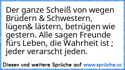 Der ganze Scheiß von wegen Brüdern & Schwestern, lügen& lästern, betrügen wie gestern. Alle sagen ´Freunde fürs Leben´, die Wahrheit ist ; jeder verarscht jeden.