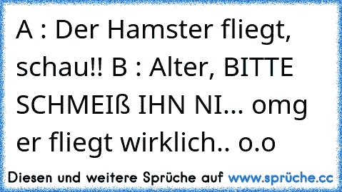 A : Der Hamster fliegt, schau!!
 B : Alter, BITTE SCHMEIß IHN NI... omg er fliegt wirklich.. o.o