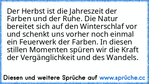 Der Herbst ist die Jahreszeit der Farben und der Ruhe. Die Natur bereitet sich auf den Winterschlaf vor und schenkt uns vorher noch einmal ein Feuerwerk der Farben. In diesen stillen Momenten spüren wir die Kraft der Vergänglichkeit und des Wandels.