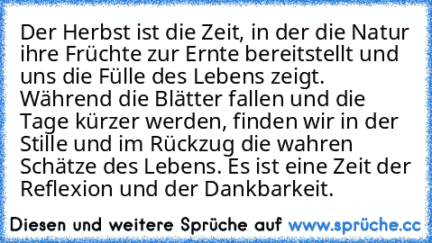 Der Herbst ist die Zeit, in der die Natur ihre Früchte zur Ernte bereitstellt und uns die Fülle des Lebens zeigt. Während die Blätter fallen und die Tage kürzer werden, finden wir in der Stille und im Rückzug die wahren Schätze des Lebens. Es ist eine Zeit der Reflexion und der Dankbarkeit.