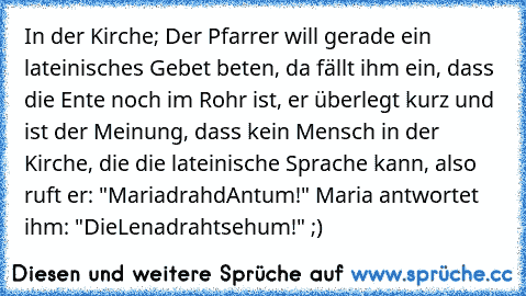 In der Kirche; Der Pfarrer will gerade ein lateinisches Gebet beten, da fällt ihm ein, dass die Ente noch im Rohr ist, er überlegt kurz und ist der Meinung, dass kein Mensch in der Kirche, die die lateinische Sprache kann, also ruft er: "MariadrahdAntum!" Maria antwortet ihm: "DieLenadrahtsehum!" ;)