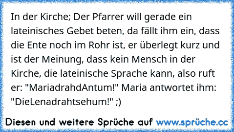 In der Kirche; Der Pfarrer will gerade ein lateinisches Gebet beten, da fällt ihm ein, dass die Ente noch im Rohr ist, er überlegt kurz und ist der Meinung, dass kein Mensch in der Kirche, die lateinische Sprache kann, also ruft er: "MariadrahdAntum!" Maria antwortet ihm: "DieLenadrahtsehum!" ;)