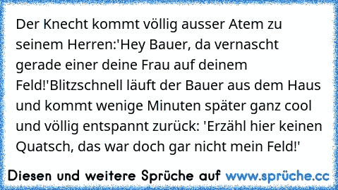 Der Knecht kommt völlig ausser Atem zu seinem Herren:'Hey Bauer, da vernascht gerade einer deine Frau auf deinem Feld!'
Blitzschnell läuft der Bauer aus dem Haus und kommt wenige Minuten später ganz cool und völlig entspannt zurück: 'Erzähl hier keinen Quatsch, das war doch gar nicht mein Feld!'