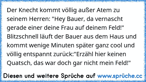 Der Knecht kommt völlig außer Atem zu seinem Herren: "Hey Bauer, da vernascht gerade einer deine Frau auf deinem Feld!"
 Blitzschnell läuft der Bauer aus dem Haus und kommt wenige Minuten später ganz cool und völlig entspannt zurück:"Erzähl hier keinen Quatsch, das war doch gar nicht mein Feld!"