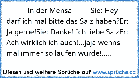 ---------In der Mensa--------
Sie: Hey darf ich mal bitte das Salz haben?
Er: Ja gerne!
Sie: Danke! Ich liebe Salz
Er: Ach wirklich ich auch!
...jaja wenn´s mal immer so laufen würde!.....