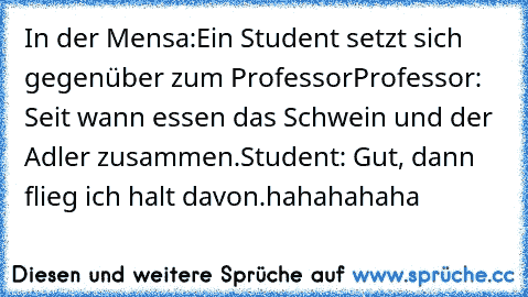 In der Mensa:
Ein Student setzt sich gegenüber zum Professor
Professor: Seit wann essen das Schwein und der Adler zusammen.
Student: Gut, dann flieg ich halt davon.
hahahahaha