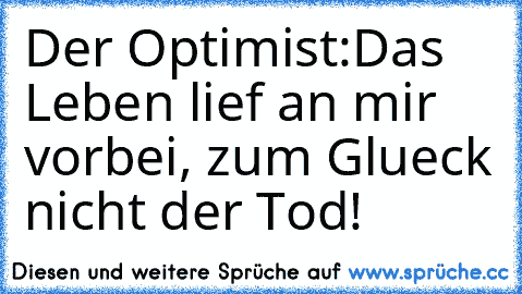 Der Optimist:
Das Leben lief an mir vorbei, zum Glueck nicht der Tod!