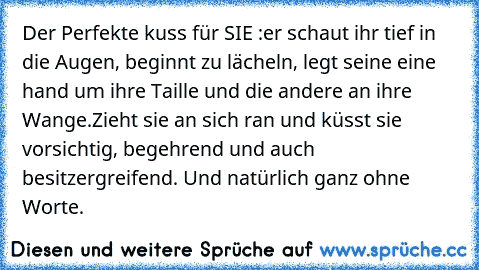 Der Perfekte kuss für SIE :
er schaut ihr tief in die Augen, beginnt zu lächeln, legt seine eine hand um ihre Taille und die andere an ihre Wange.Zieht sie an sich ran und küsst sie vorsichtig, begehrend und auch besitzergreifend. Und natürlich ganz ohne Worte.