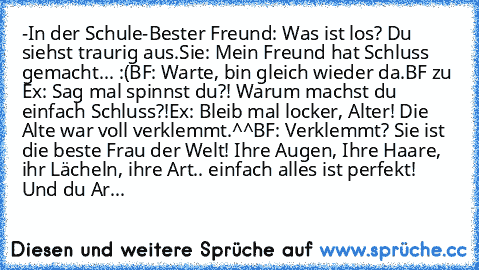 -In der Schule-
Bester Freund: Was ist los? Du siehst traurig aus.
Sie: Mein Freund hat Schluss gemacht... :(
BF: Warte, bin gleich wieder da.
BF zu Ex: Sag mal spinnst du?! Warum machst du einfach Schluss?!
Ex: Bleib mal locker, Alter! Die Alte war voll verklemmt.^^
BF: Verklemmt? Sie ist die beste Frau der Welt! Ihre Augen, Ihre Haare, ihr Lächeln, ihre Art.. einfach alles ist perfekt! Und du...