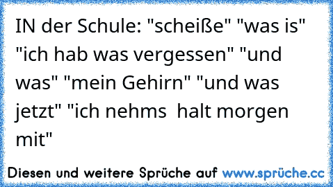 IN der Schule: "scheiße" "was is" "ich hab was vergessen" "und was" "mein Gehirn" "und was jetzt" "ich nehms  halt morgen mit"