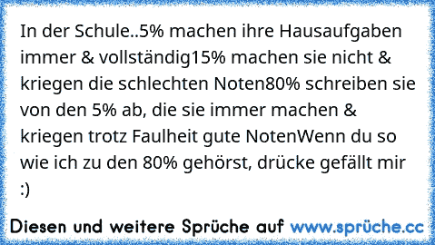 In der Schule..
5% machen ihre Hausaufgaben immer & vollständig
15% machen sie nicht & kriegen die schlechten Noten
80% schreiben sie von den 5% ab, die sie immer machen & kriegen trotz Faulheit gute Noten
Wenn du so wie ich zu den 80% gehörst, drücke gefällt mir :)