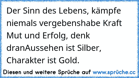 Der Sinn des Lebens, kämpfe niemals vergebens
habe Kraft Mut und Erfolg, denk dran
Aussehen ist Silber, Charakter ist Gold.