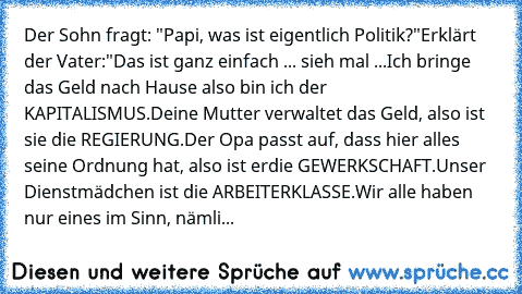 Der Sohn fragt: "Papi, was ist eigentlich Politik?"
Erklärt der Vater:
"Das ist ganz einfach ... sieh mal ...
Ich bringe das Geld nach Hause also bin ich der KAPITALISMUS.
Deine Mutter verwaltet das Geld, also ist sie die REGIERUNG.
Der Opa passt auf, dass hier alles seine Ordnung hat, also ist er
die GEWERKSCHAFT.
Unser Dienstmädchen ist die ARBEITERKLASSE.
Wir alle haben nur eines im Sinn, nä...