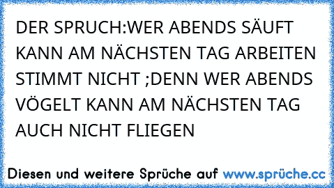 DER SPRUCH:WER ABENDS SÄUFT KANN AM NÄCHSTEN TAG ARBEITEN STIMMT NICHT ;DENN WER ABENDS VÖGELT KANN AM NÄCHSTEN TAG AUCH NICHT FLIEGEN