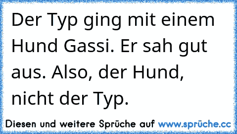 Der Typ ging mit einem Hund Gassi. Er sah gut aus. Also, der Hund, nicht der Typ.