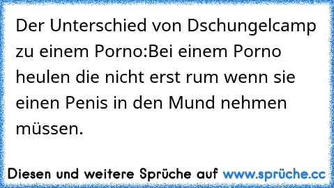 Der Unterschied von Dschungelcamp zu einem Porno:
Bei einem Porno heulen die nicht erst rum wenn sie einen Penis in den Mund nehmen müssen.