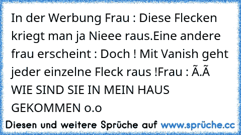 In der Werbung 
Frau : Diese Flecken kriegt man ja Nieee raus.
Eine andere frau erscheint : Doch ! Mit Vanish geht jeder einzelne Fleck raus !
Frau : ô.ô WIE SIND SIE IN MEIN HAUS GEKOMMEN o.o