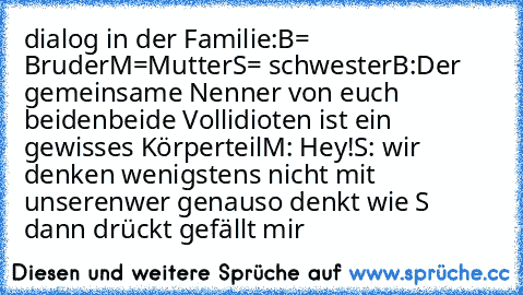 dialog in der Familie:
B= Bruder
M=Mutter
S= schwester
B:Der gemeinsame Nenner von euch beidenbeide Vollidioten ist ein gewisses Körperteil
M: Hey!
S: wir denken wenigstens nicht mit unseren
wer genauso denkt wie S dann drückt gefällt mir