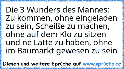 Die 3 Wunders des Mannes: Zu kommen, ohne eingeladen zu sein, Scheiße zu machen, ohne auf dem Klo zu sitzen und ne Latte zu haben, ohne im Baumarkt gewesen zu sein