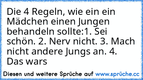 Die 4 Regeln, wie ein ein Mädchen einen Jungen behandeln sollte:
1. Sei schön. 2. Nerv nicht. 3. Mach nicht andere Jungs an. 4. Das wars