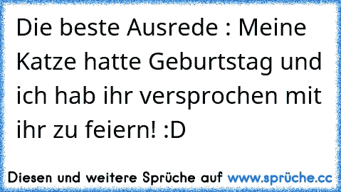 Die beste Ausrede : Meine Katze hatte Geburtstag und ich hab ihr versprochen mit ihr zu feiern! :D