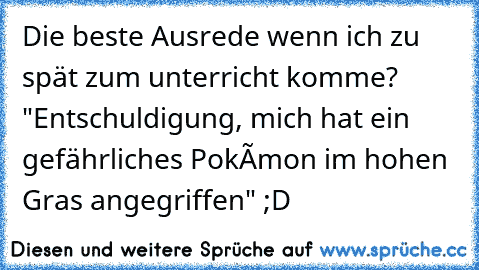 Die beste Ausrede wenn ich zu spät zum unterricht komme? "Entschuldigung, mich hat ein gefährliches Pokémon im hohen Gras angegriffen" ;D