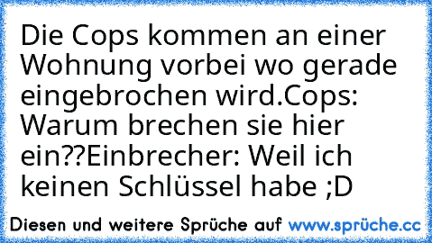 Die Cops kommen an einer Wohnung vorbei wo gerade eingebrochen wird.
Cops: Warum brechen sie hier ein??
Einbrecher: Weil ich keinen Schlüssel habe ;D