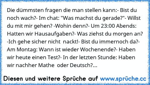 Die dümmsten fragen die man stellen kann:
- Bist du noch wach?
- Im chat: "Was machst du gerade?"
- Willst du mit mir gehen? -Wohin denn?
- Um 23:00 Abends: Hatten wir Hausaufgaben?
- Was ziehst du morgen an? -Ich gehe sicher nicht
  nackt!
- Bist du immernoch da?
- Am Montag: Wann ist wieder Wochenende?
- Haben wir heute einen Test?
- In der letzten Stunde: Haben wir nachher Mathe
  oder Deuts...