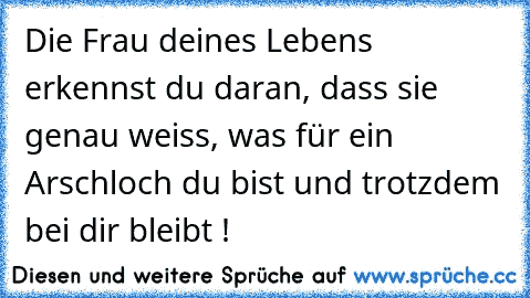 Die Frau deines Lebens erkennst du daran, dass sie genau weiss, was für ein Arschloch du bist und trotzdem bei dir bleibt !