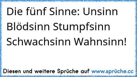 Die fünf Sinne:
• Unsinn
• Blödsinn
• Stumpfsinn
• Schwachsinn
• Wahnsinn!