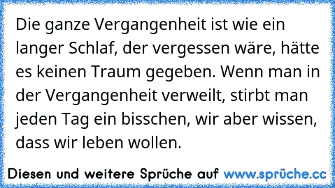 Die ganze Vergangenheit ist wie ein langer Schlaf, der vergessen wäre, hätte es keinen Traum gegeben. Wenn man in der Vergangenheit verweilt, stirbt man jeden Tag ein bisschen, wir aber wissen, dass wir leben wollen.