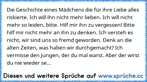 Die Geschichte eines Mädchens die für ihre Liebe alles riskierte. 
Ich will ihn nicht mehr lieben.
 Ich will nicht mehr so leiden, bitte.
 Hilf mir ihn zu vergessen!
 Bitte hilf mir nicht mehr an ihn zu denken.
 Ich versteh es nicht, wir sind uns so fremd geworden.
 Denk an die alten Zeiten, was haben wir durchgemacht?
 Ich vermisse den Jungen, der du mal warst.
 Aber der wirst du nie wieder se...