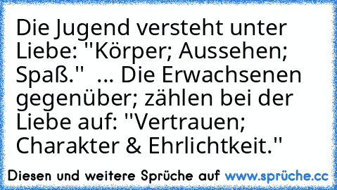 Die Jugend versteht unter Liebe: ''Körper; Aussehen; Spaß.''  ... Die Erwachsenen gegenüber; zählen bei der Liebe auf: ''Vertrauen; Charakter & Ehrlichtkeit.''