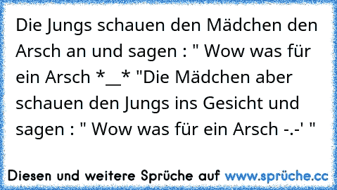 Die Jungs schauen den Mädchen den Arsch an und sagen : " Wow was für ein Arsch *__* "
Die Mädchen aber schauen den Jungs ins Gesicht und sagen : " Wow was für ein Arsch -.-' "