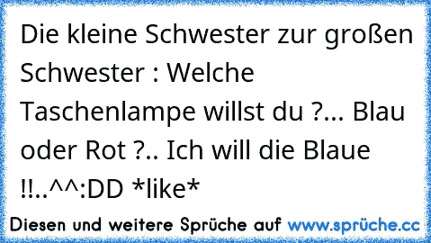 Die kleine Schwester zur großen Schwester : 
Welche Taschenlampe willst du ?... Blau oder Rot ?.. Ich will die Blaue !!..^^
:DD *like*