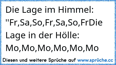 Die Lage im Himmel: ''Fr,Sa,So,Fr,Sa,So,Fr
Die Lage in der Hölle: Mo,Mo,Mo,Mo,Mo,Mo