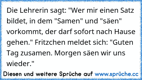 Die Lehrerin sagt: "Wer mir einen Satz bildet, in dem "Samen" und "säen" vorkommt, der darf sofort nach Hause gehen."
 Fritzchen meldet sich: "Guten Tag zusamen. Morgen säen wir uns wieder."