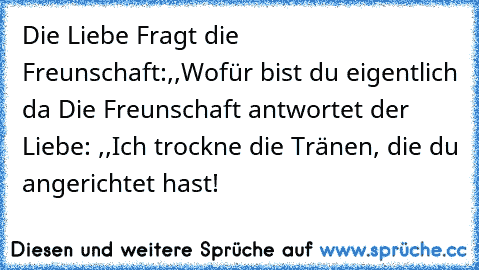 Die Liebe Fragt die Freunschaft:,,Wofür bist du eigentlich da´´ Die Freunschaft antwortet der Liebe: ,,Ich trockne die Tränen, die du angerichtet hast!´´